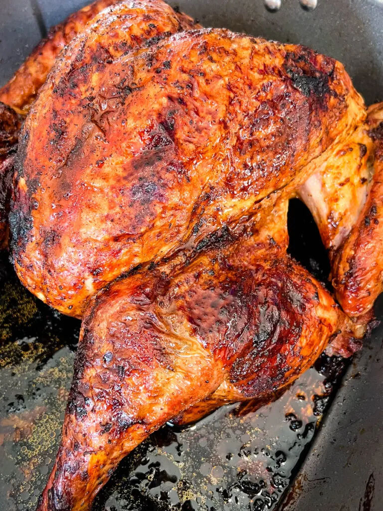 roasted spatchcocked turkey in a pan with drippings
