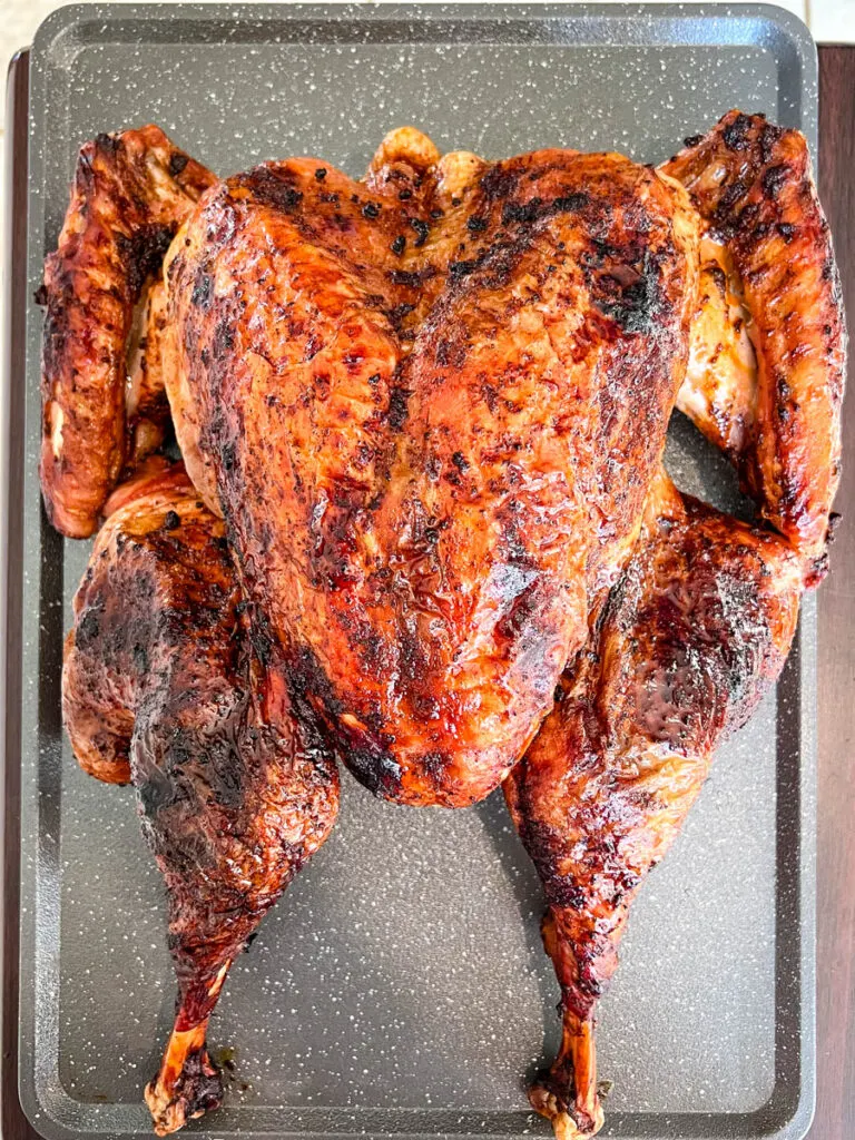 roasted spatchcocked turkey in a pan