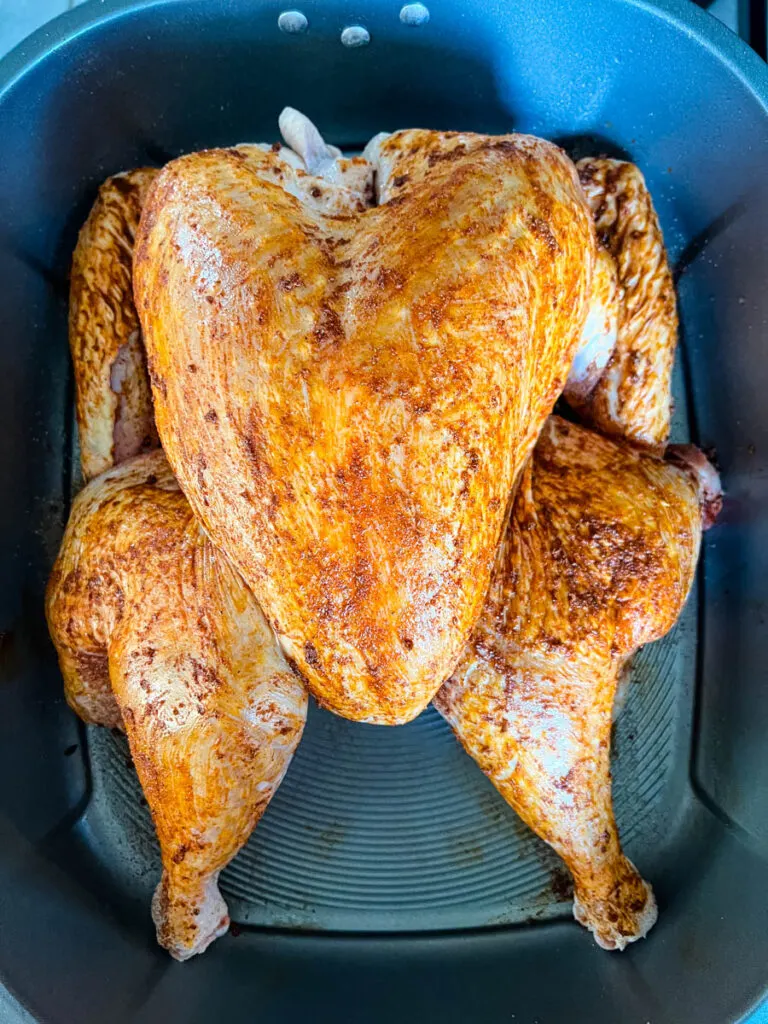 raw seasoned spatchcocked turkey in a pan