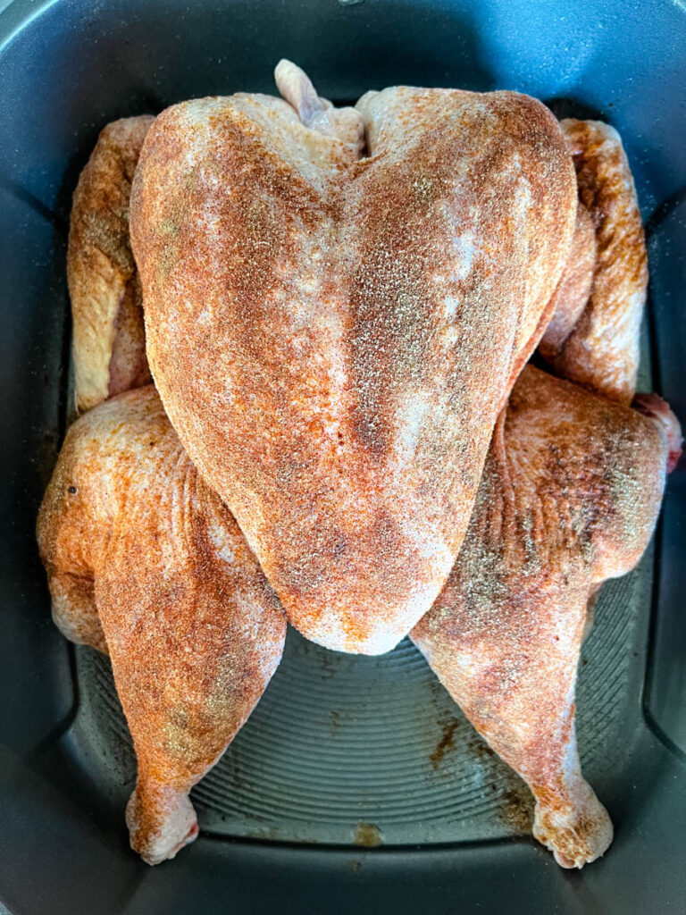 raw seasoned spatchcocked turkey in a pan