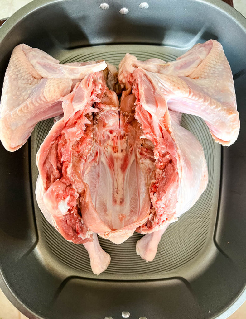 raw spatchcoked turkey in a pan