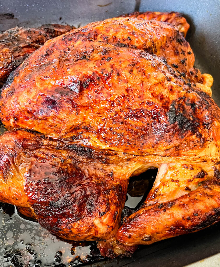 roasted spatchcocked turkey in a pan