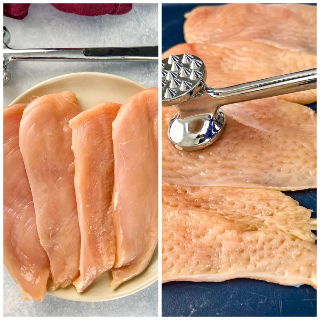 raw chicken breasts pounded with a mallot