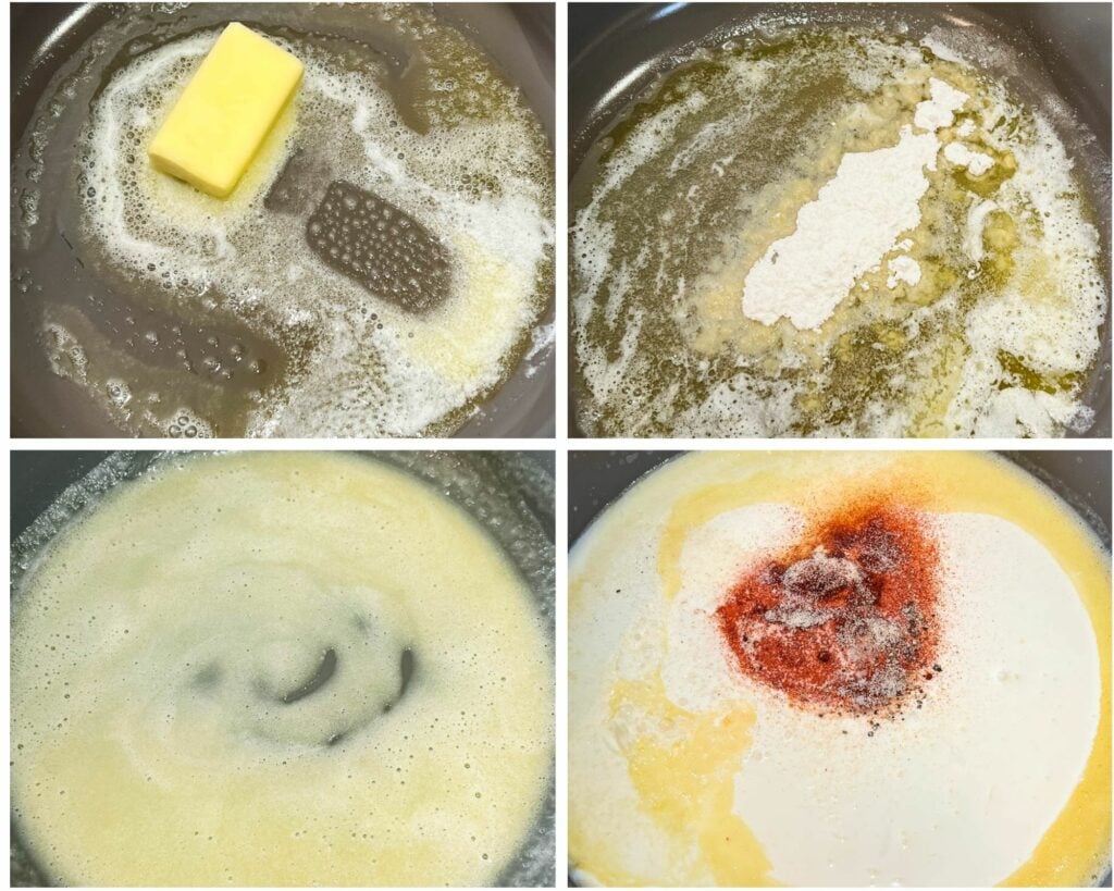 collage of 4 photos with cream sauce made on the stove