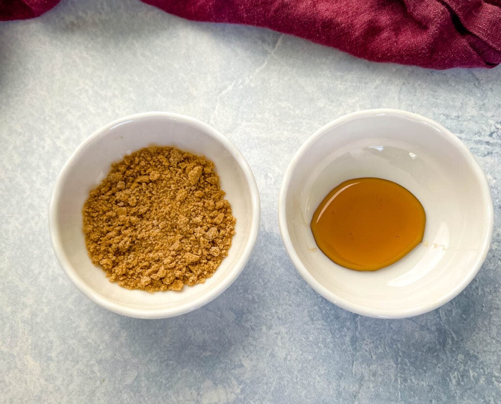 brown sugar and maple syrup in small white bowls