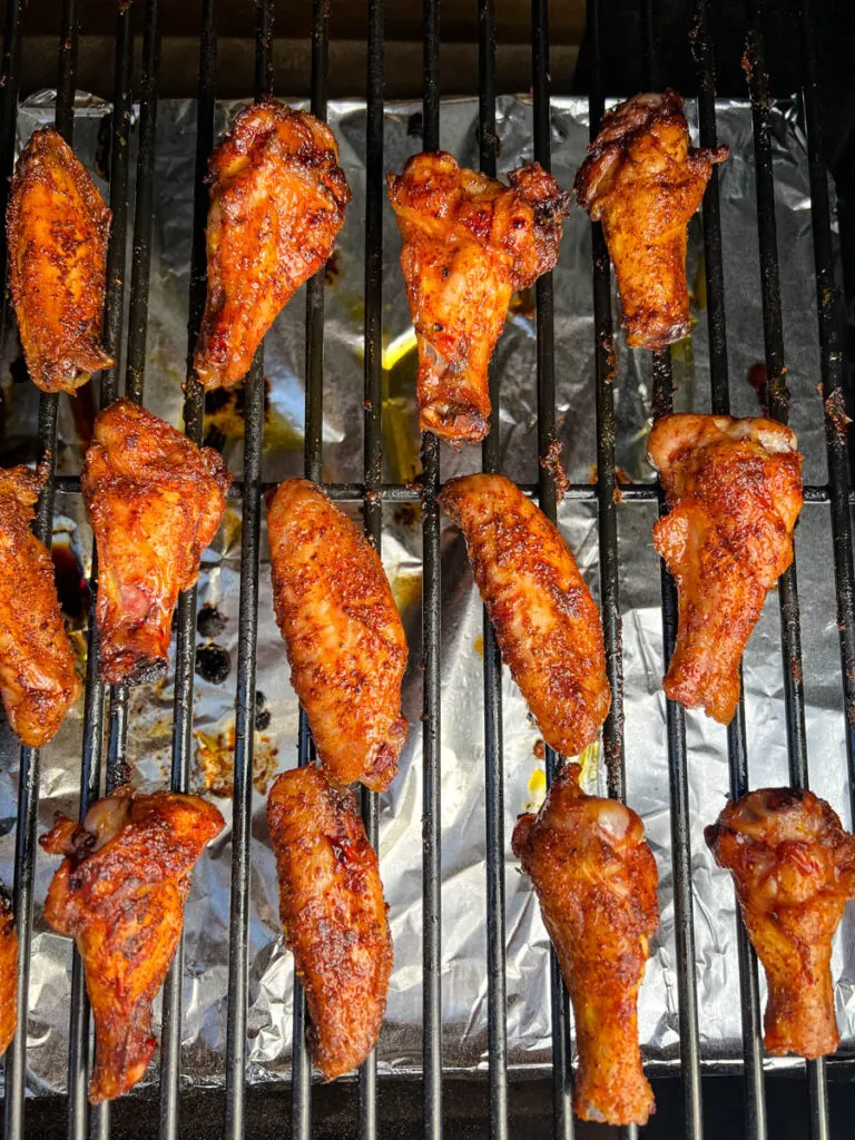 cooked chicken wings on a Traeger smoker pellet grill