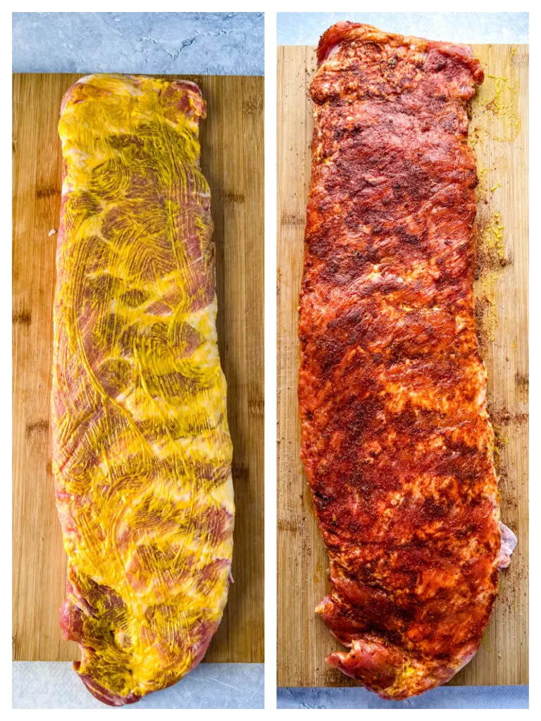 raw spare ribs drizzled in mustard and dry rub