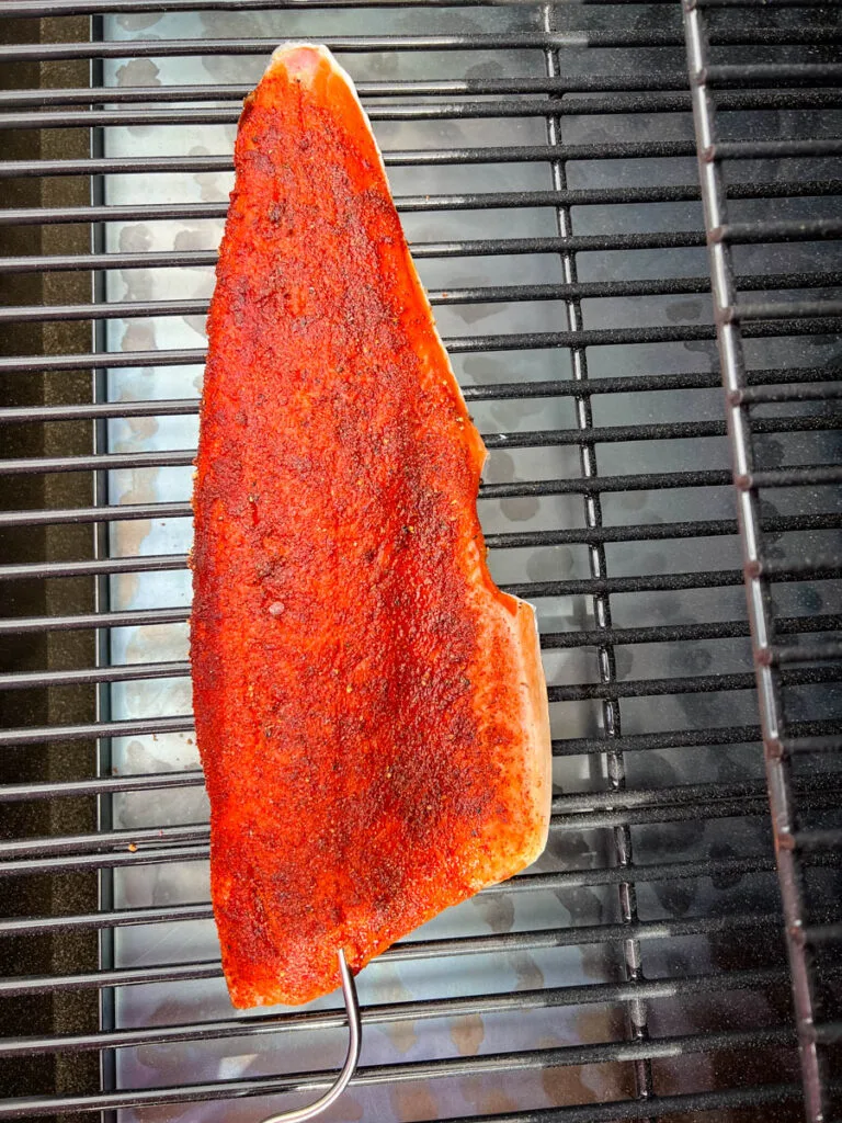 raw salmon on a Traeger smoker grill
