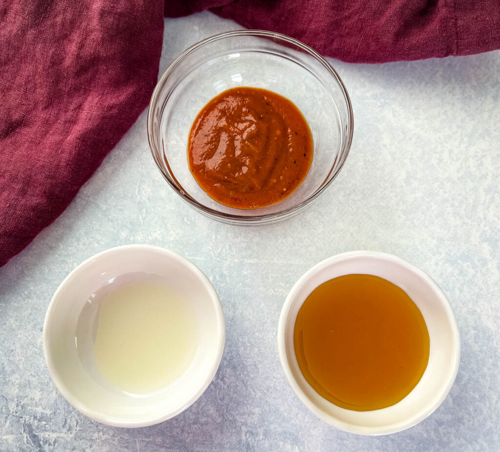 BBQ Sauce, lemon juice, and honey in separate bowls