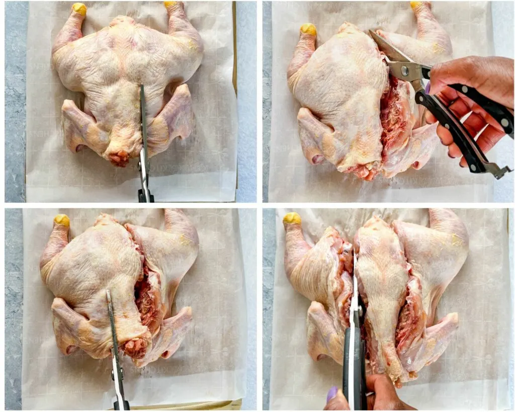 collage photo showing how to spatchcock a chicken and remove the backbone