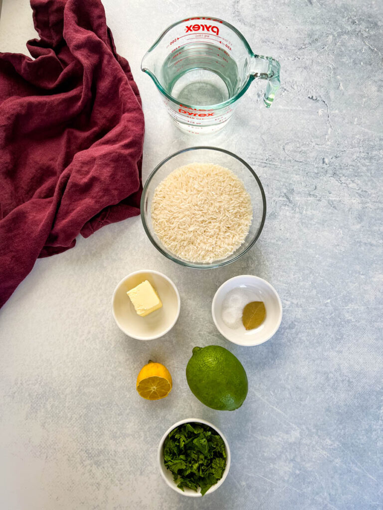 white rice, water, butter, spices, lemon, lime, and fresh cilantro