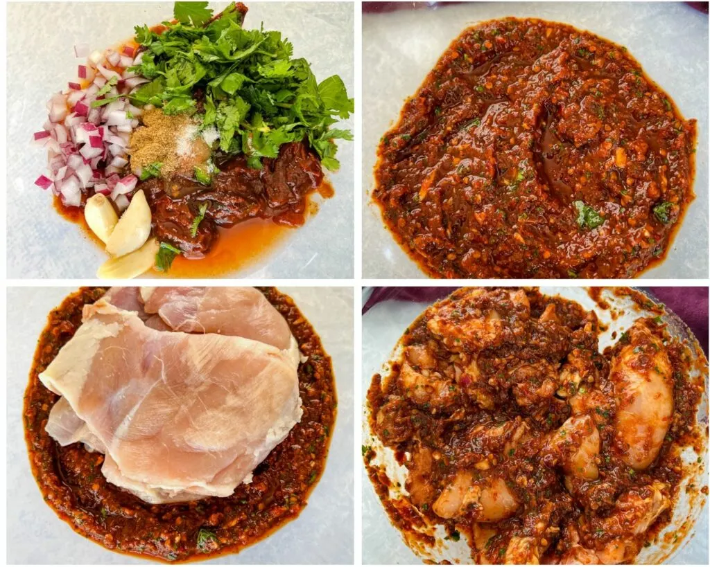 collage of 4 photos with pollo asado marinade and raw chicken thighs