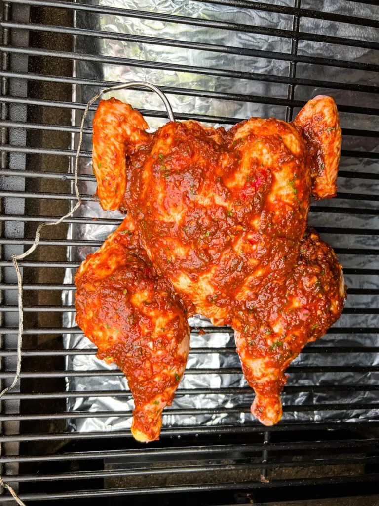 seasoned and raw whole chicken with a probe on a Traeger pellet grill smoker
