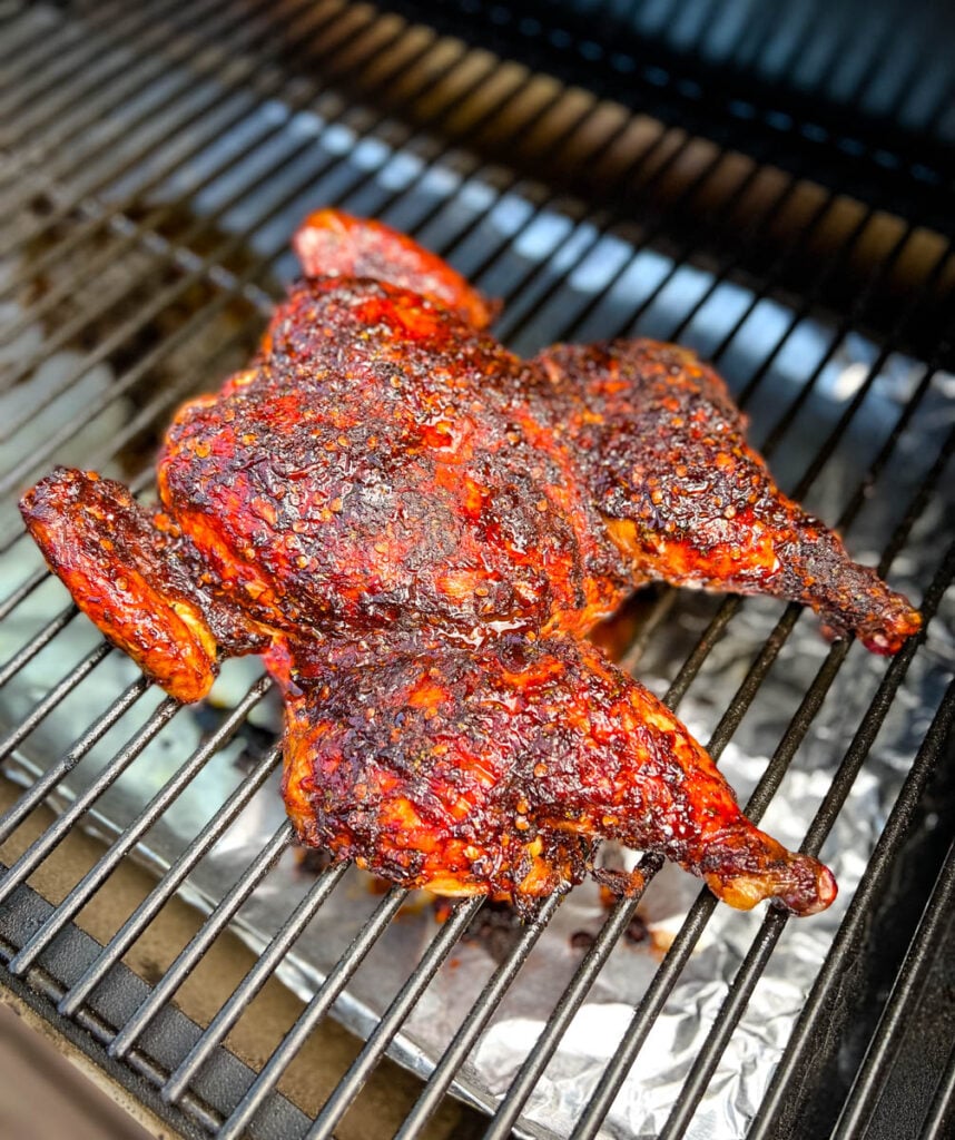 whole chicken on a Traeger pellet grill smoker