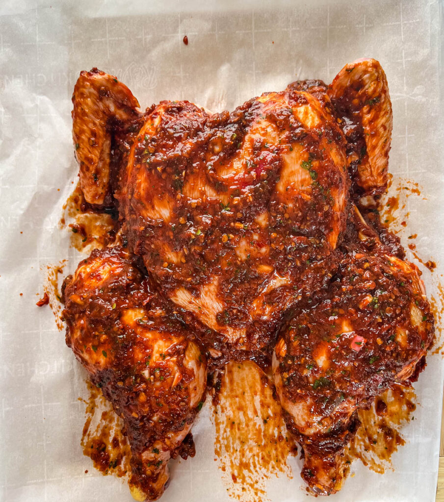 seasoned and marinated raw whole chicken on a cutting board