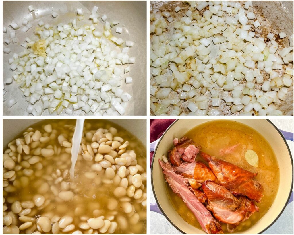 collage of 4 photos with sauteed onions, butter beans, and smoked turkey in a pot