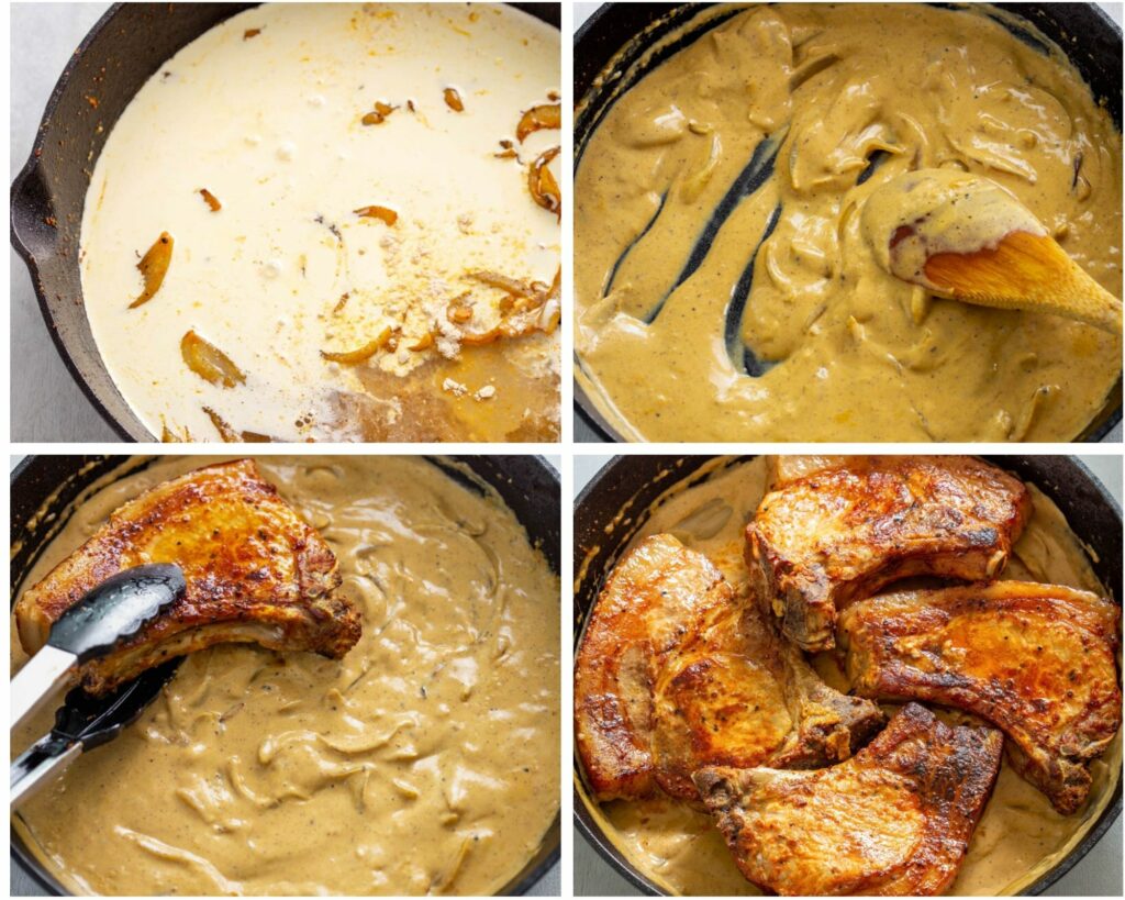 collage of 4 photos with onions and cream to make gravy for smothered pork chops