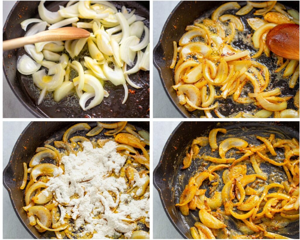 collage of 4 photos with onions and cream to make gravy for smothered pork chops