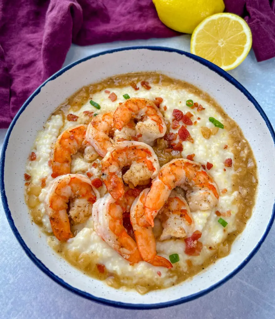 Cajun New Orleans shrimp and grits in a white bowl