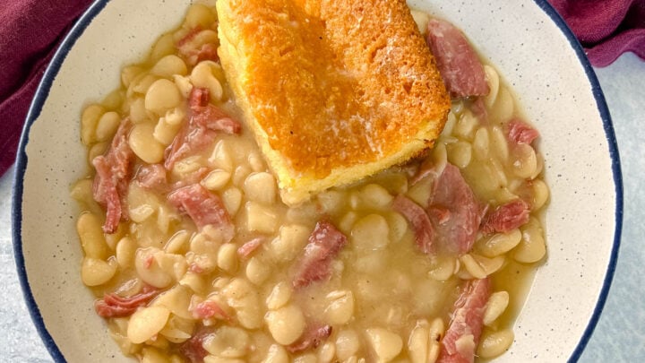 Southern butter lima beans in a bowl with cornbread