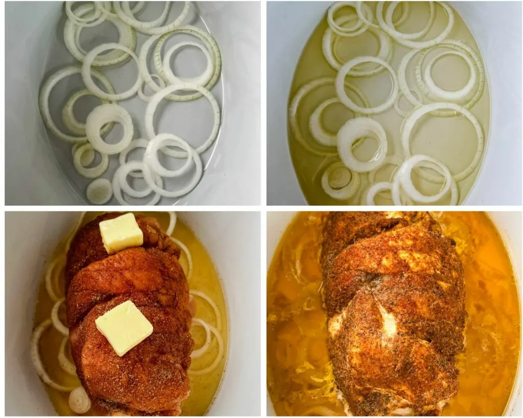 collage photo of 4 photos with onions broth and turkey in a Crockpot