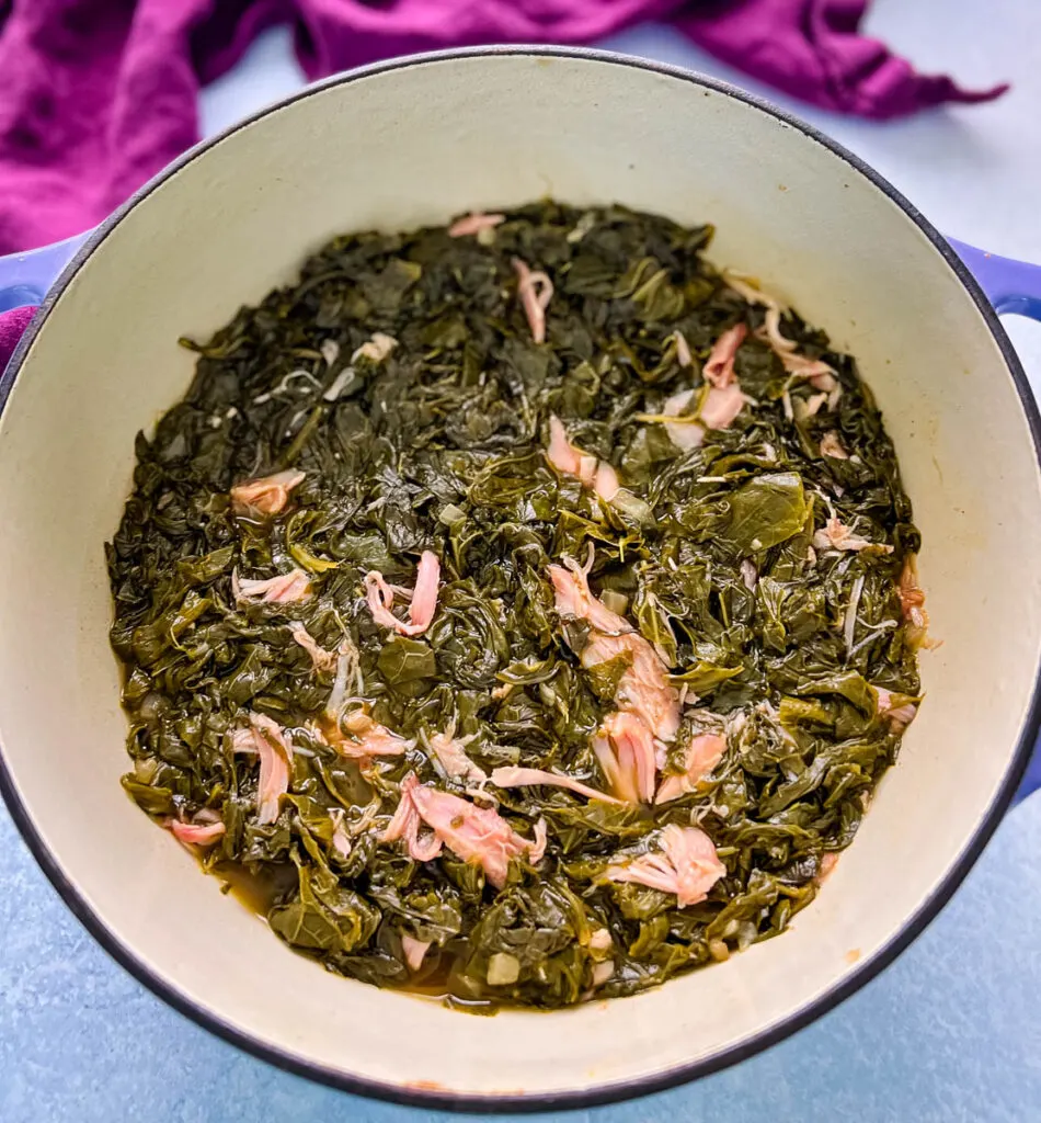 Southern soul food turnip greens in a Dutch oven