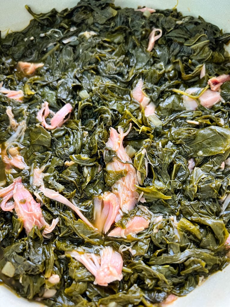 Southern soul food turnip greens in a Dutch oven