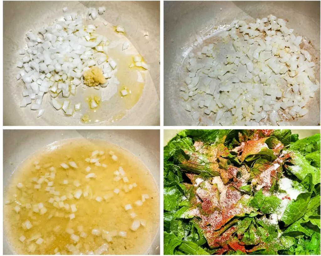 collage of 4 photos with sauteed onions and turnip greens