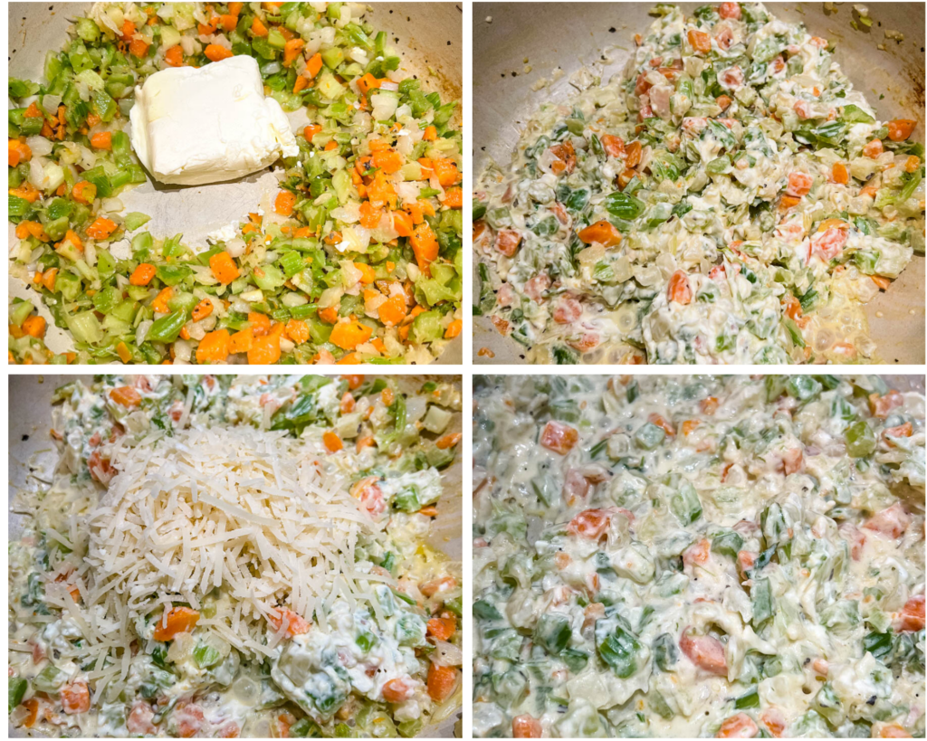 collage of 4 photos of Alfredo cream sauce and vegetables