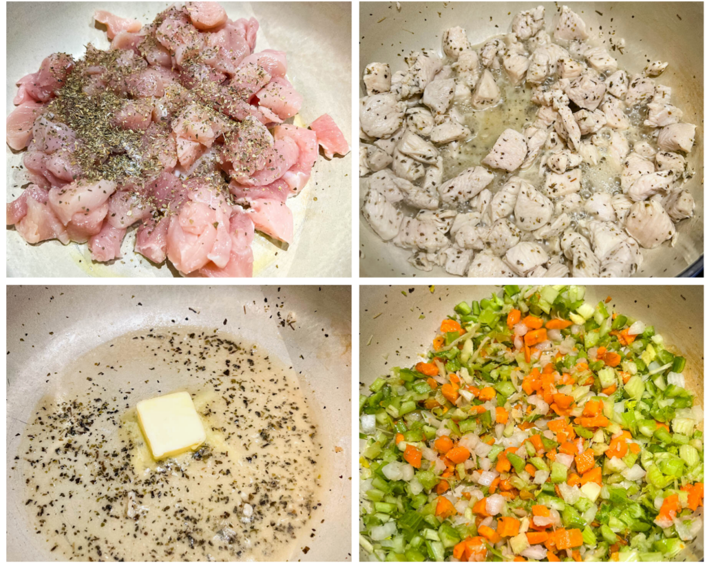 collage of 4 photos with chicken breasts cooked in a pot along with butter and vegetables