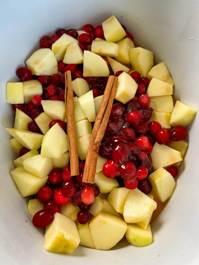 uncooked apple cranberry sauce in a pot