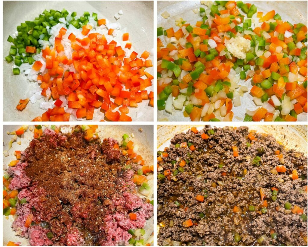 collage photo with sauteed vegetables and cooked ground beef