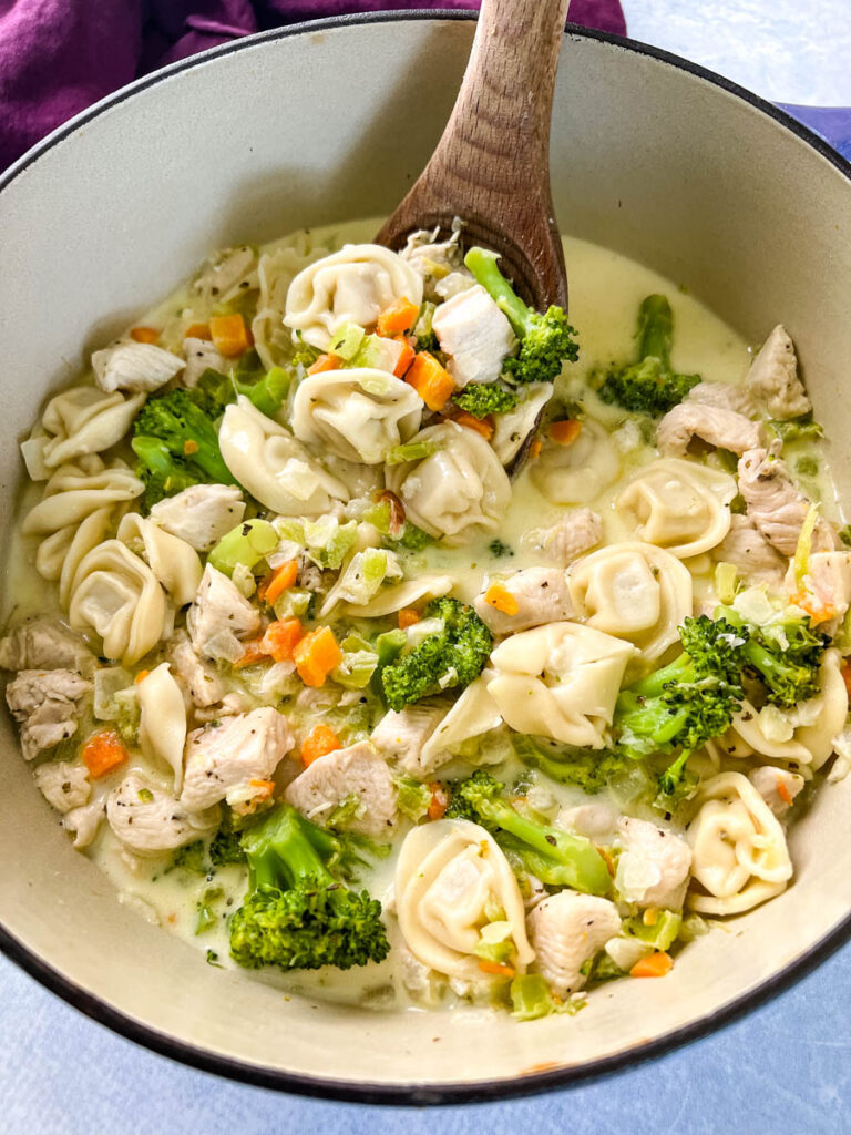 chicken Alfredo soup in a large Dutch oven pot