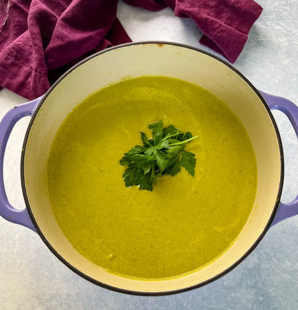 roasted creamy poblano pepper soup in a Dutch oven