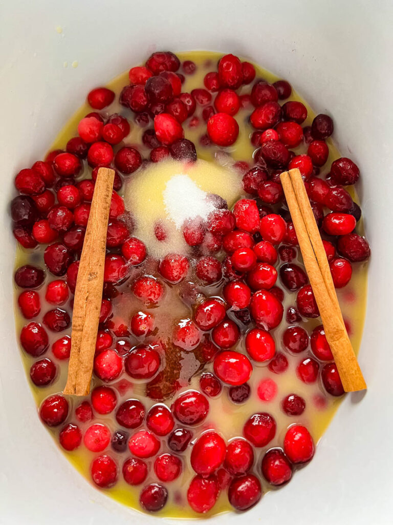 cranberry sauce, cinnamon, sugar, and orange juice in a slow cooker Crockpot