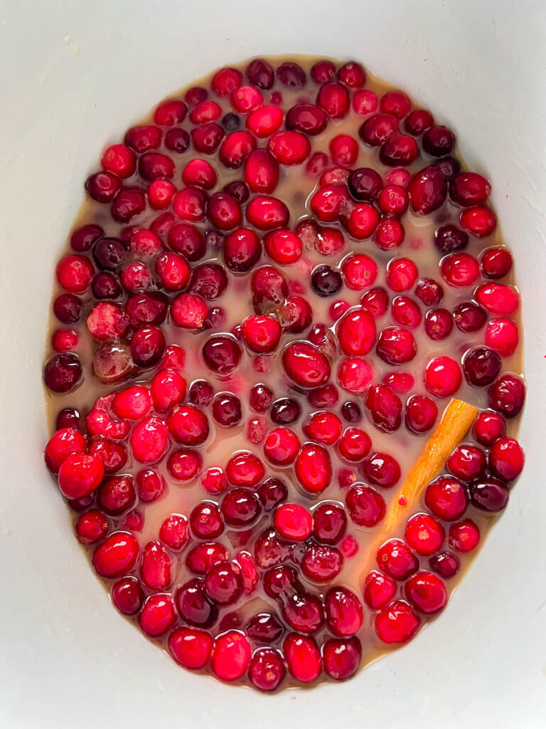 cranberry sauce, cinnamon, sugar, and orange juice in a slow cooker Crockpot