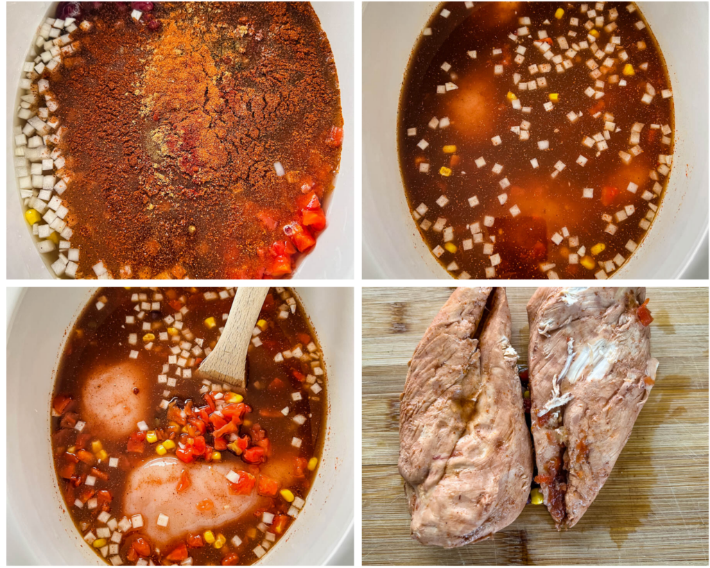 collage of 4 photos with chicken, vegetables, broth and spices in a Crockpot