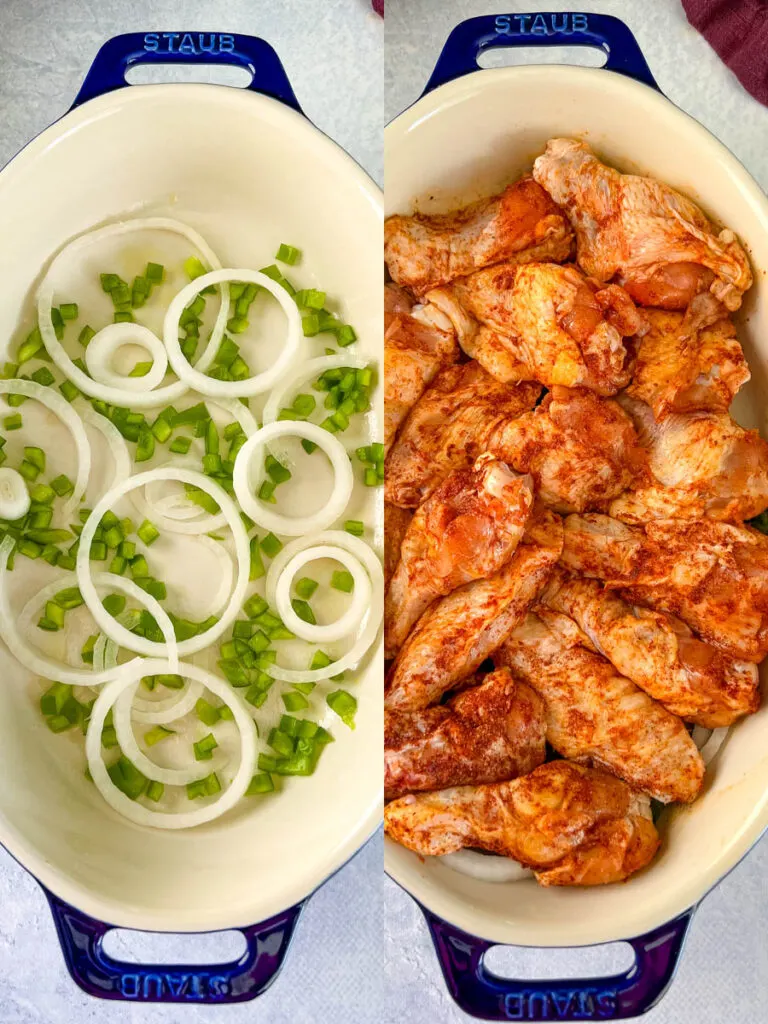 collage of onions, green peppers, and uncooked chicken wings in a baking dish