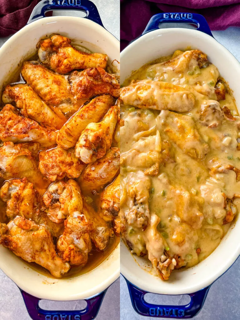 smothered chicken wings in a baking dish