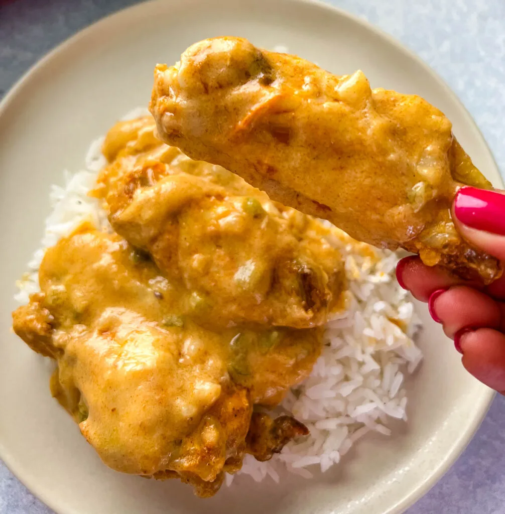 person holding smothered chicken wing with gravy