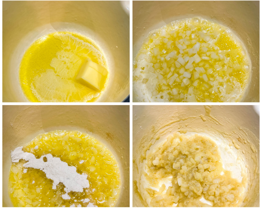 collage of 4 photos with butter and flour in a pan to make gravy