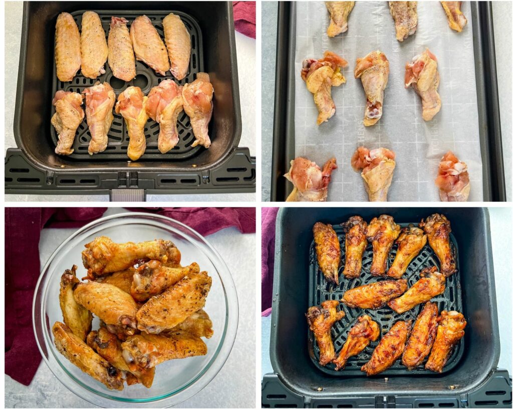 collage of 4 photos showing cooked and uncooked chicken wings