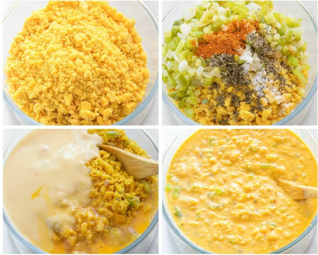 collage of 4 photos with unbaked squash dressing in a glass bowl