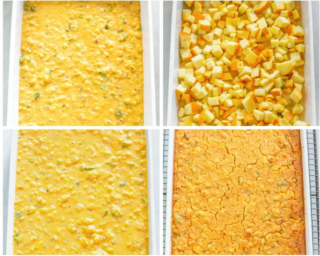 collage of 4 photos with unbaked squash cornbread dressing