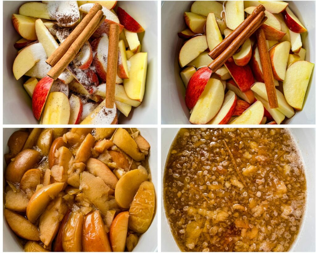 collage of 4 photos with apples, cinnamon, and water in a pot