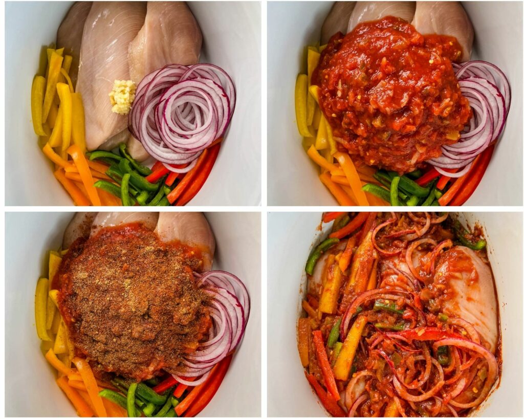 collage of 4 photos with fajitas in a Crockpot slow cooker