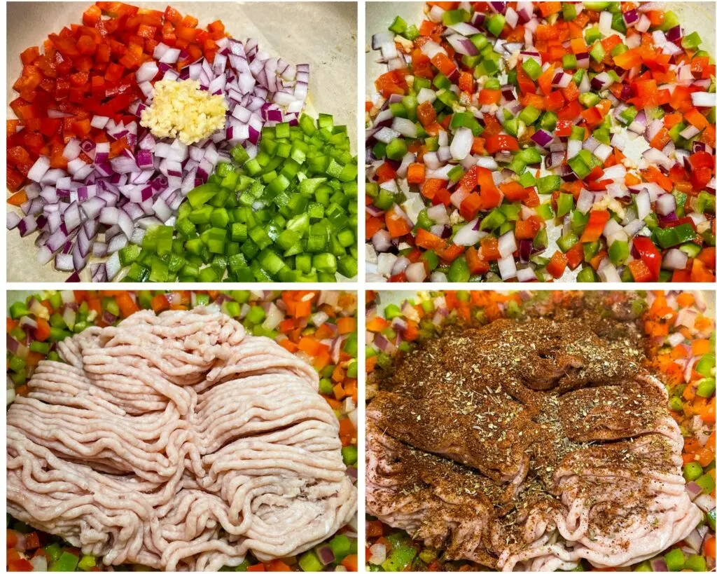 collage of 4 photos with ground chicken and chili with vegetables