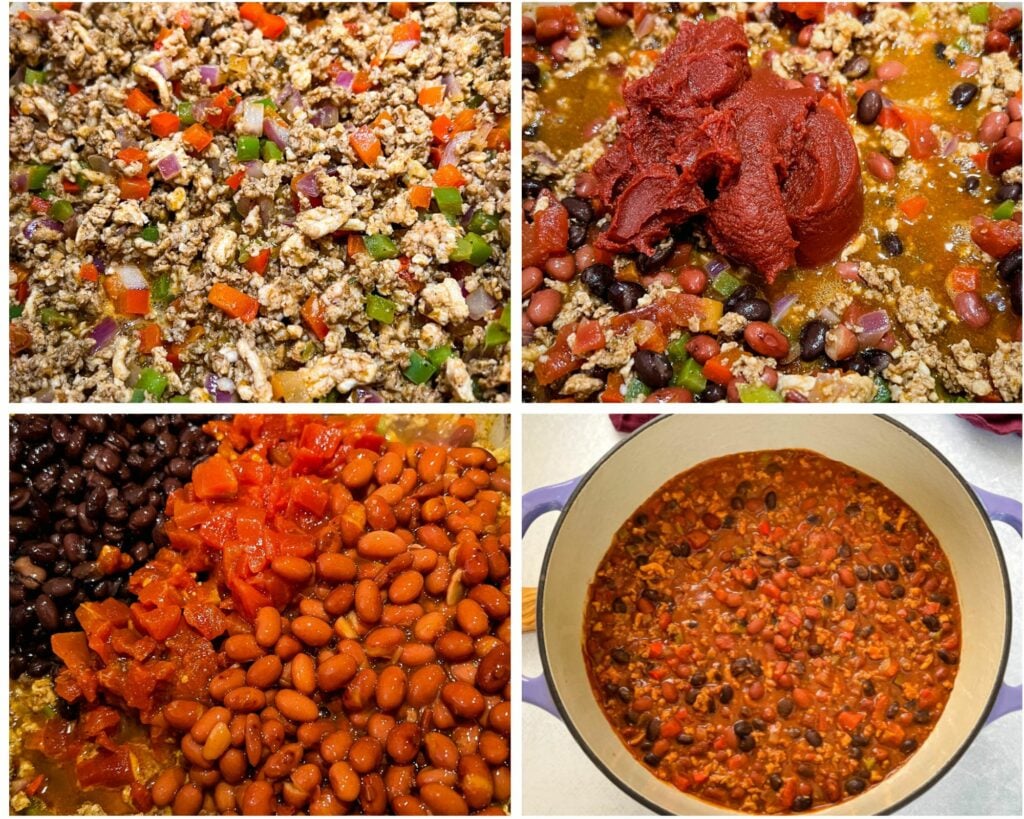 collage of 4 photos with ground chicken and vegetables for chili