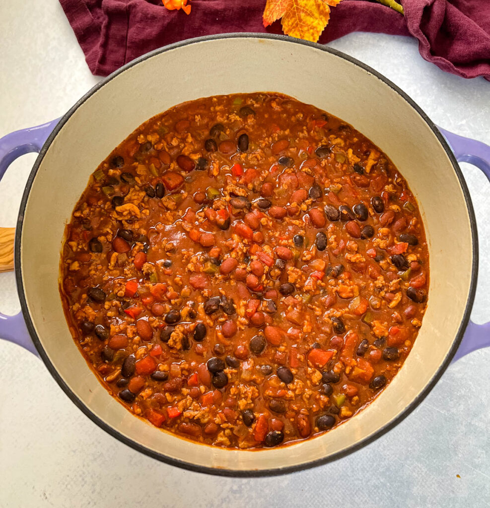 ground chicken chili in a Dutch oven