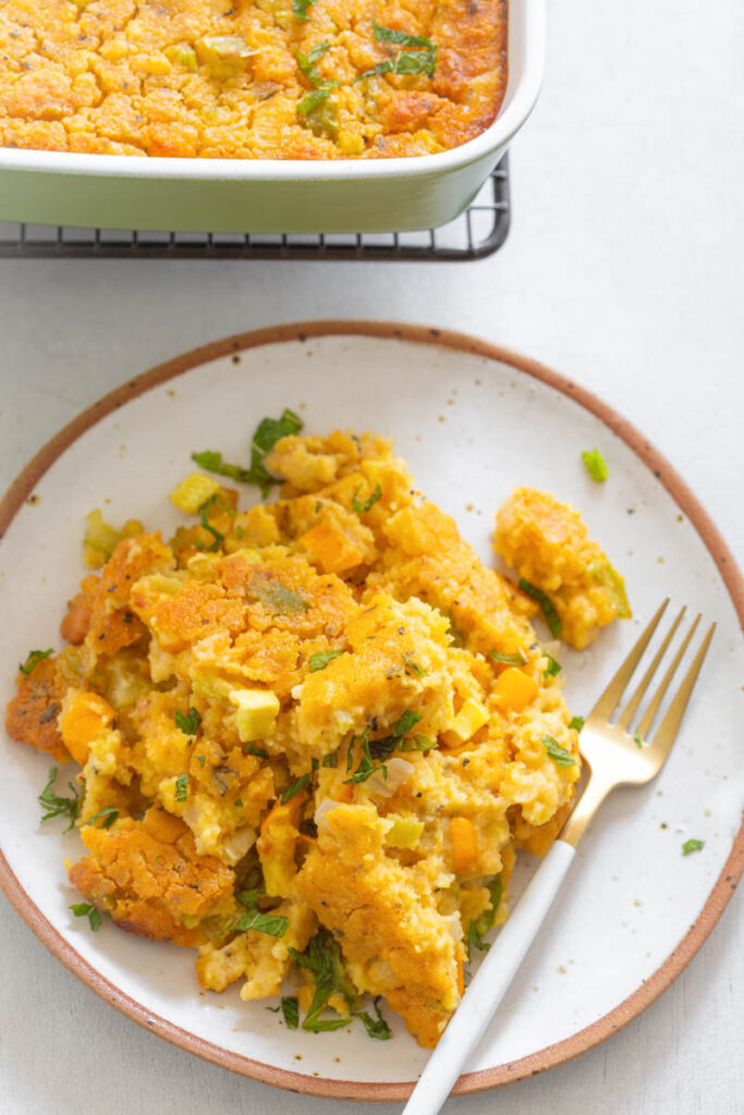 squash dressing on a plate with a fork